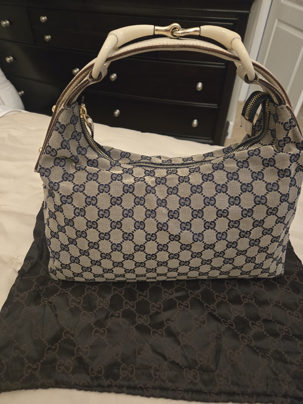 Gucci Beige and Navy GG Canvas Shoulder Bag with Cream Handle